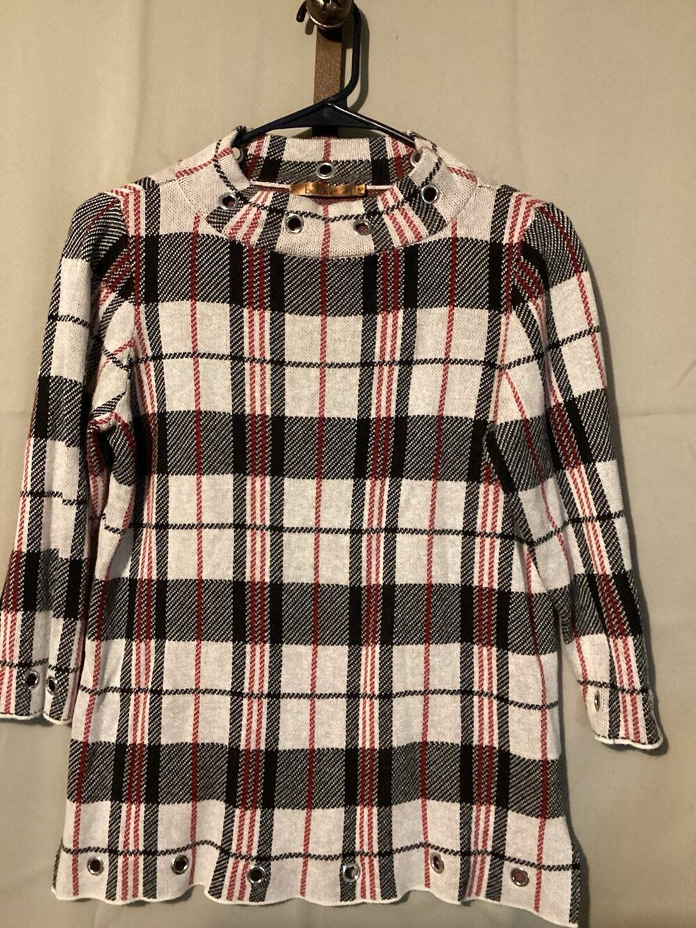 Belldini Plaid Striped Women’s Sweater Grommet Neck Quarter Sleeve SZ M